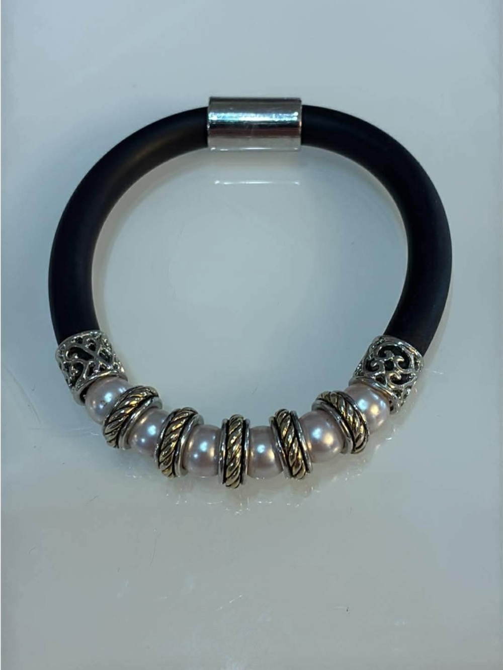 Classic Black Rubber Bracelet with Silver-Tone and Faux Pearl Accents